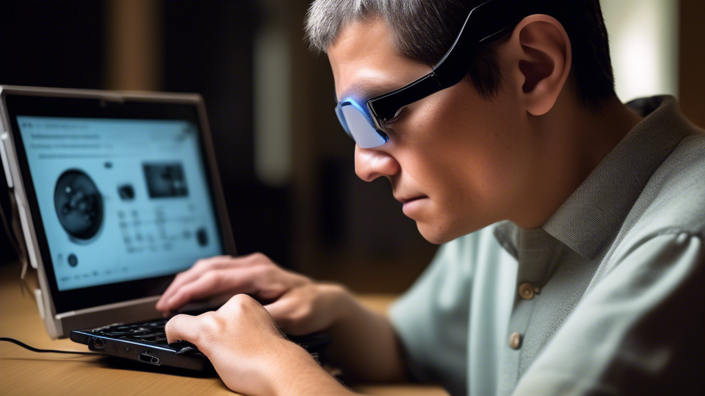 A visually impaired person using a piece of assistive technology to navigate a computer or mobile device. The assistive technology should be sleek and mode