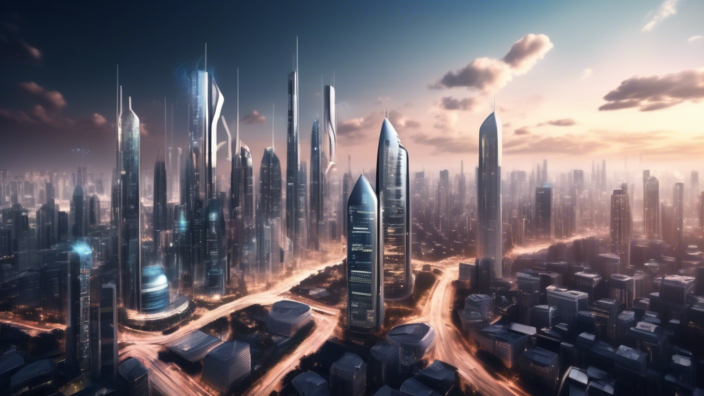 A futuristic cityscape with towering skyscrapers and advanced technology, showcasing the seamless connectivity of wireless networks that enable people to s