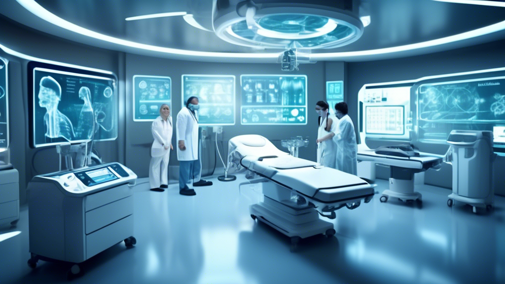 A futuristic medical scene where advanced technology is being used to diagnose and treat a patient, showcasing the efficient and effective advancements in