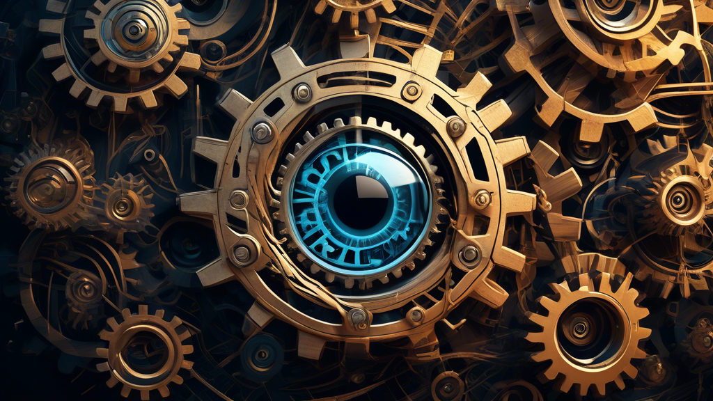 A digital privacy concept, represented as a series of gears and cogs turning and connecting to each other, with an eye symbol in the center. The eye is sli