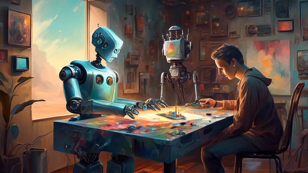 A digital painting of an artist and a robot collaborating on a surrealist masterpiece, where human creativity meets technological innovation, symbolizing t